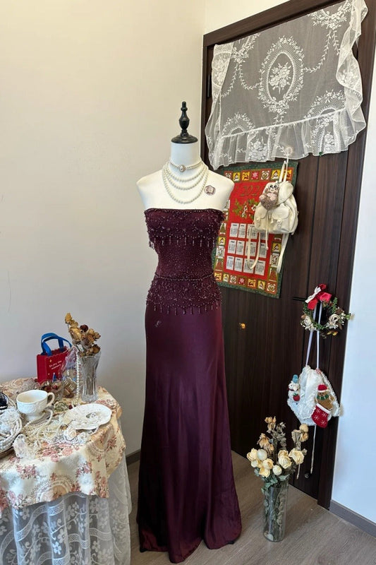 Vintage Grape Prom Dress Strapless Beaded Chiffon Sheath Evening Dress ED06778