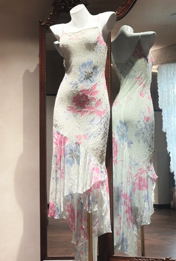 Chic Floral Prom Dress Spaghetti Straps Sheath Birthday Dress Chiffon Beaded Sleeveless Evening Dress ED06783