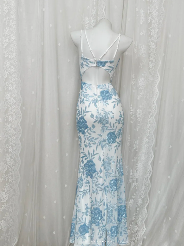 Chic Blue Prom Dress Spaghetti Straps Sheath Birthday Dress Sequins Sleeveless Evening Dress ED06798