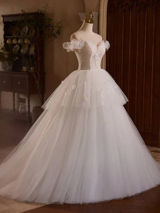 White Off Shoulder Tulle Lace Long Prom Dress, White Long Wedding Dress ED068