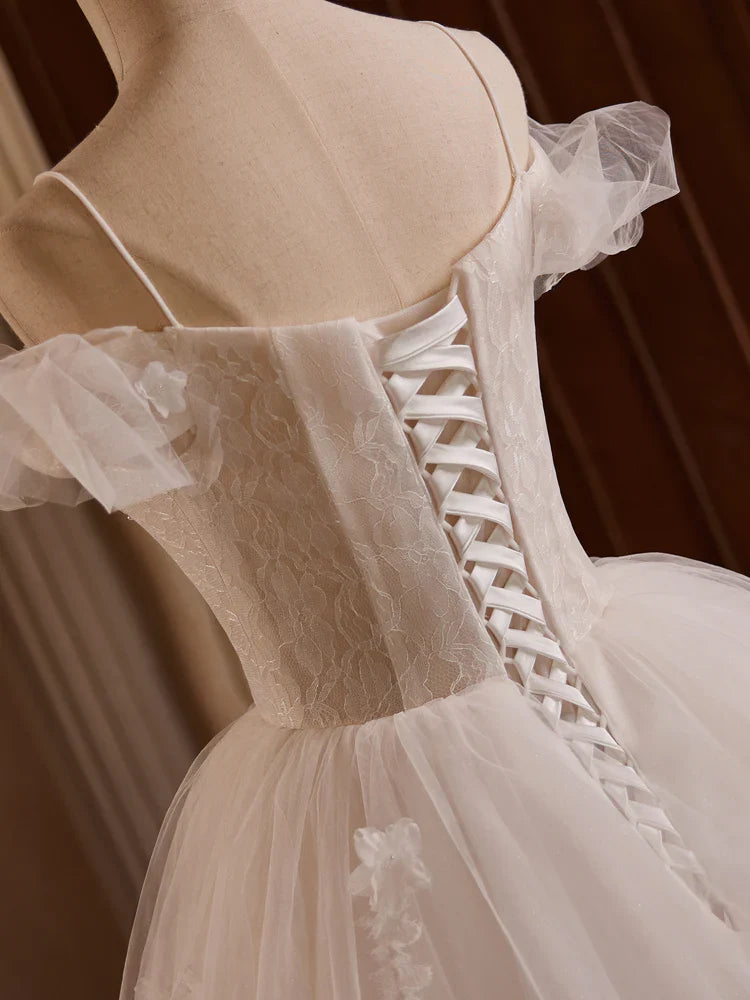 White Off Shoulder Tulle Lace Long Prom Dress, White Long Wedding Dress ED068