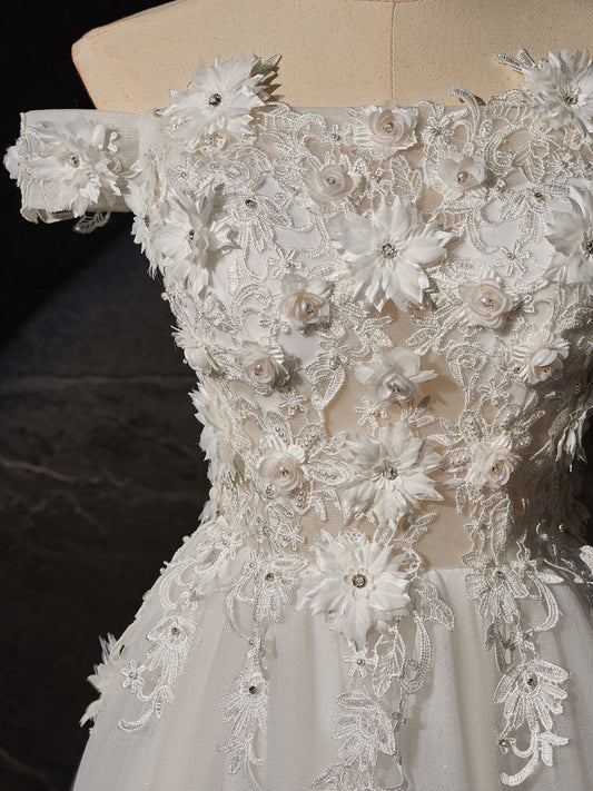 A-Line Off Shoulder Tulle Lace Long Prom Dress, White Lace Long Formal Dress ED0680