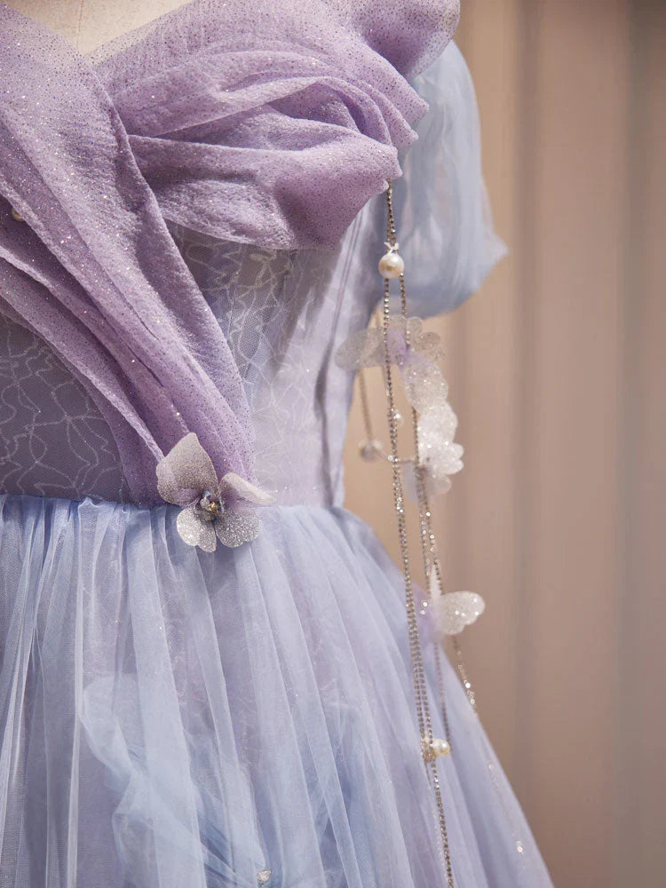 Purple A-Line Tulle Long Prom Dress, Off Shoulder Purple Graduation Dress ED0681