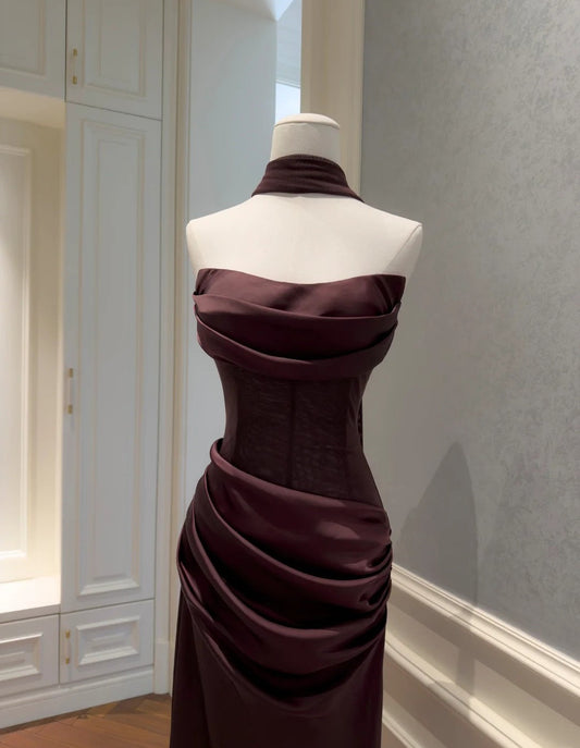 Cute Rust Red Prom Dress Strapless Sheath Evening Dress Satin Sleeveless Party Dress ED06813