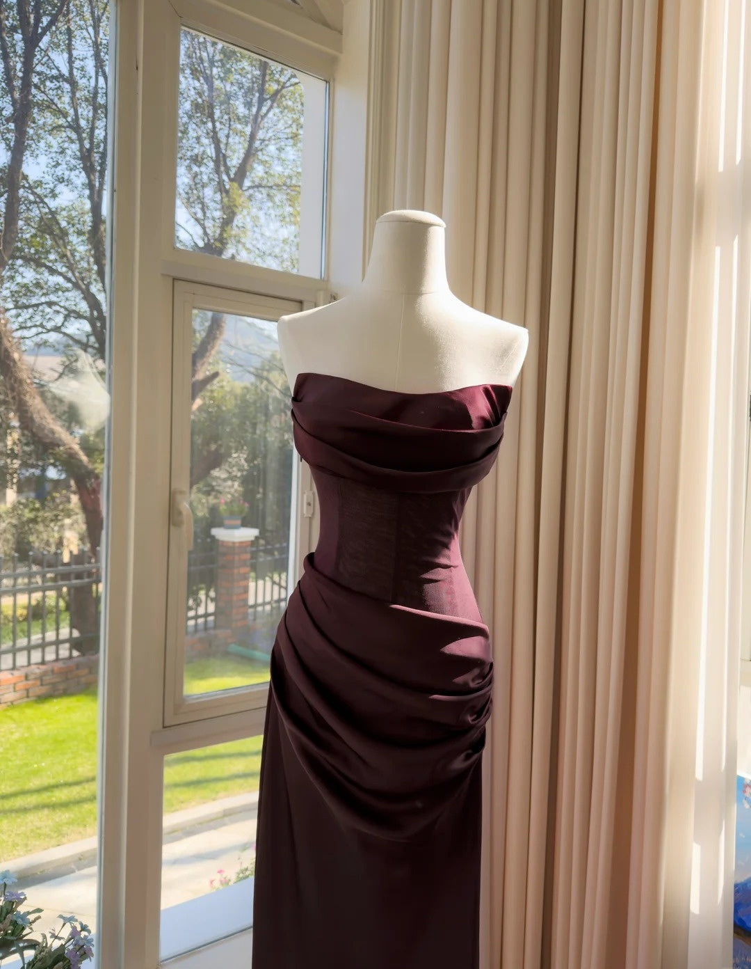 Cute Rust Red Prom Dress Strapless Sheath Evening Dress Satin Sleeveless Party Dress ED06813