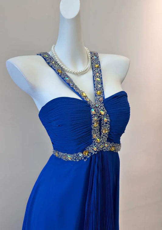 Gorgeous Blue Prom Dress Chiffon Halter Evening Dress Sheath Formal Dress ED06832