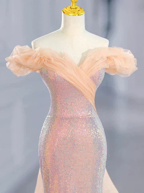 Mermaid Tulle Off Shoulder Sweetheart Party Dress, Sequins Prom Dress HZ1024