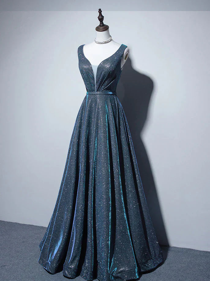 A-Line Blue Long prom Dress, Blue Formal Dresses HZ1024