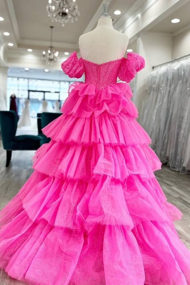 Hot Pink Tulle Lace Sweetheart Long Layered Prom Dress HZ1024