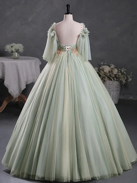 A-Line 3D Lace Long Prom Dress, Green Lace Sweet 16 Dress HZ1024