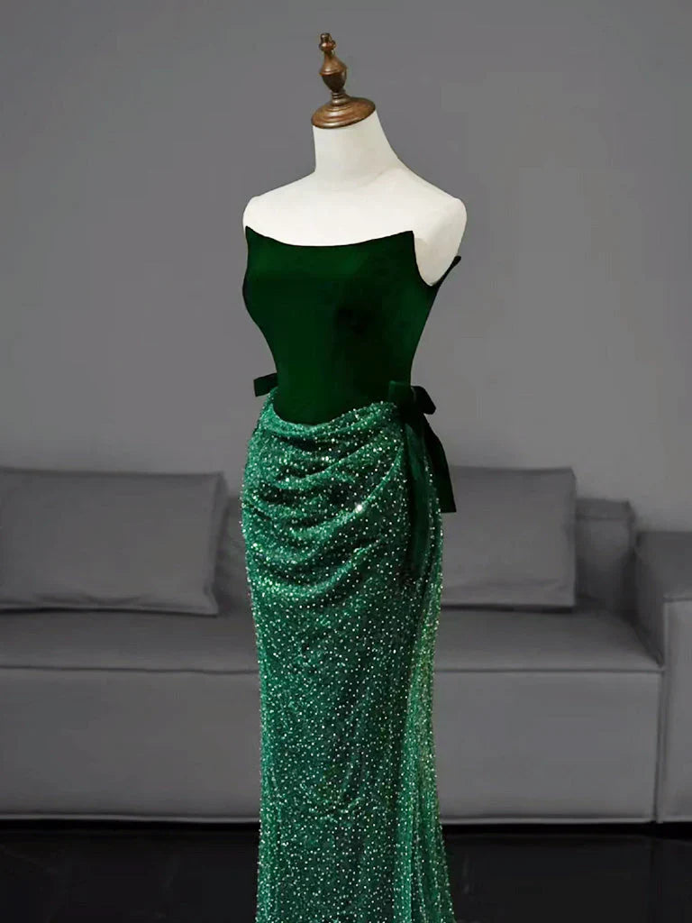 Mermaid Tulle Velvet Green Long Prom Dress, Green Long Formal Dress ED070
