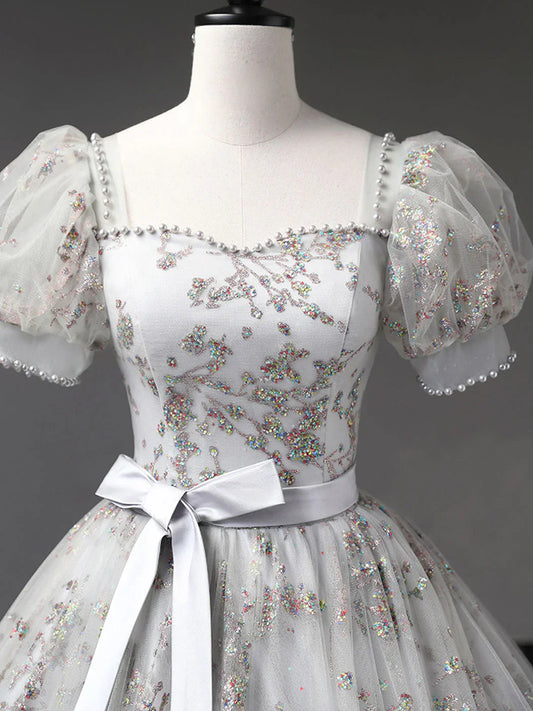 A-Line Tulle Sequin Long Prom Dress, Gray Formal Evening Dresses HZ1024