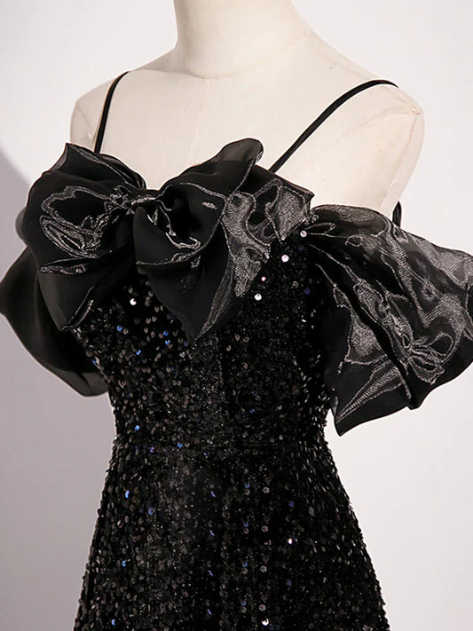 Off Shoulder Velvet Sequin Long Black Prom Dress, Black Long Evening Dress HZ1024
