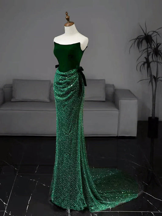 Mermaid Tulle Velvet Green Long Prom Dress, Green Long Formal Dress ED070