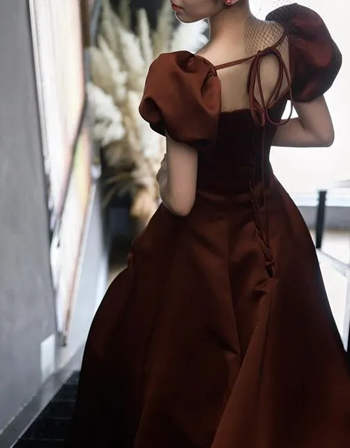 Puff Sleeves Satin Long Prom Dress, Long Evening Dresses HZ1024