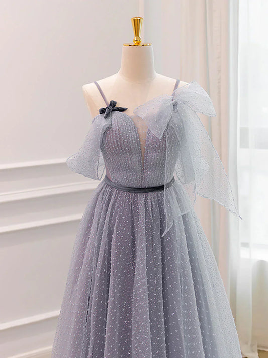 A-Line Tulle Long Prom Dresses, Gray Formal Evening Dresses HZ1024