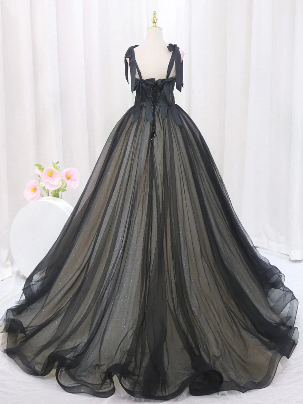 A-Line Black Tulle Lace Long Prom Dresses, Black Long Evening Dresses ED0722