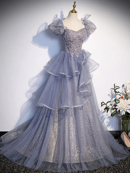 Gray Sequin Long Prom Dress, Sequin Tulle Formal Evening Dresses HZ1024
