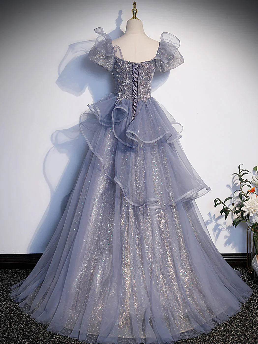 Gray Sequin Long Prom Dress, Sequin Tulle Formal Evening Dresses HZ1024