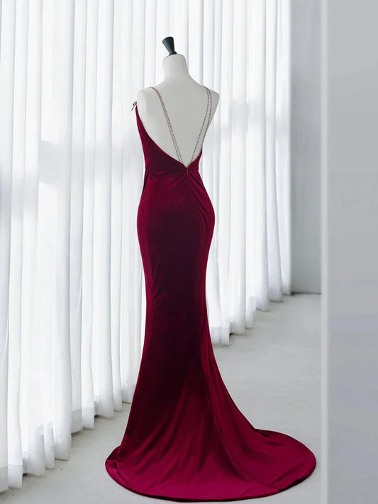 Mermaid Backless Velvet Burgundy Long Prom Dress with Beads ED073