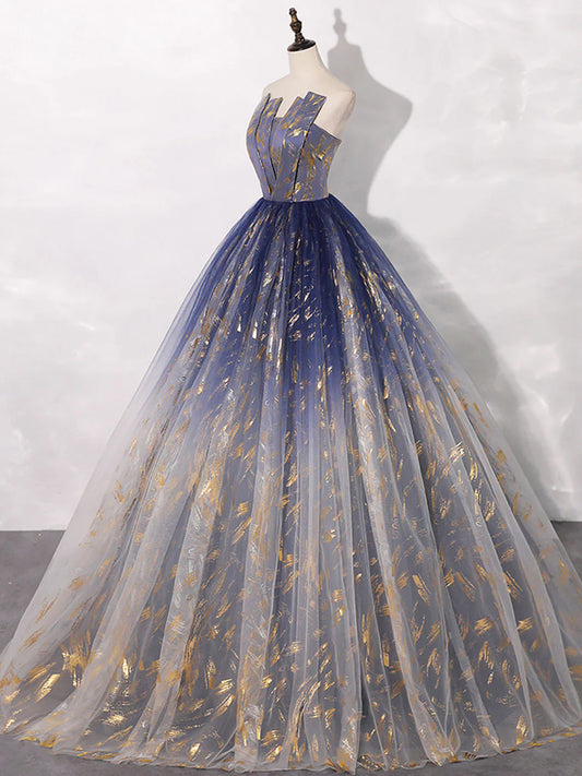 A-Line Tulle Blue Long Prom Dress, Blue Tulle Long Evening Dresses ED0739