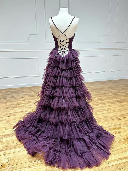 A-Line Backless Tulle Purple Long Prom Dress, Tulle Long Formal Dress ED074