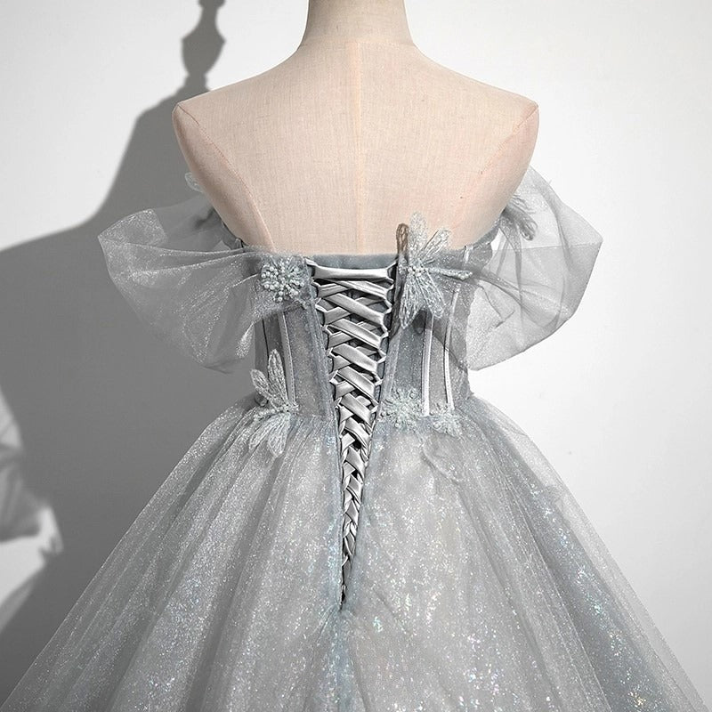 A-Line Tulle Long Prom Dress, Gray Tulle Formal Evening Dress HZ1024