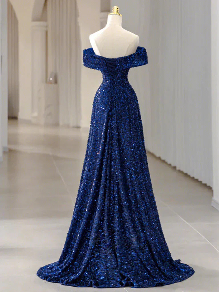Off Shoulder Sequin Blue Long prom Dress, Blue Sequin Long Evening Dress HZ1024