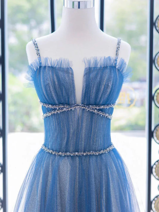 Blue Tulle Long Prom Dress, Blue Tulle Formal Dresses HZ1024