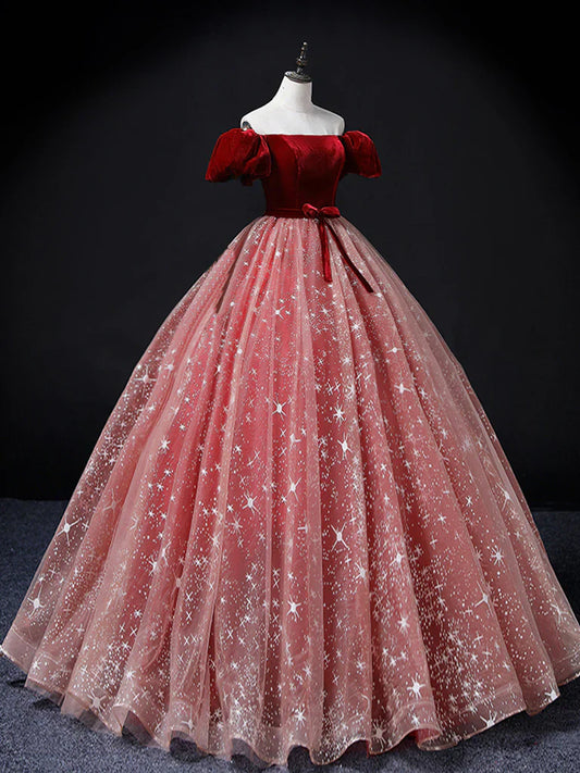 Burgundy/Pink Tulle Long Prom Dress, Burgundy/Pink Sweet 16 Dress HZ1024