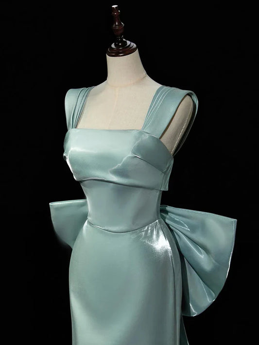 Simple Satin Green Long Prom Dress, Green Long Formal Dress with bow tie ED075