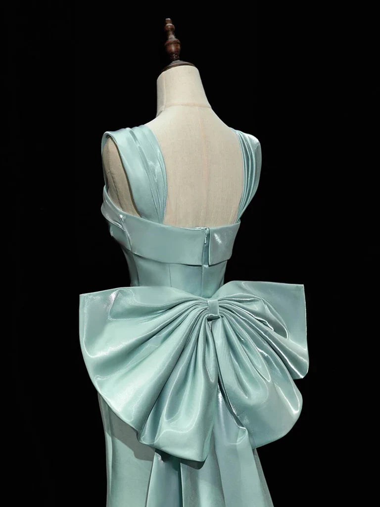 Simple Satin Green Long Prom Dress, Green Long Formal Dress with bow tie ED075