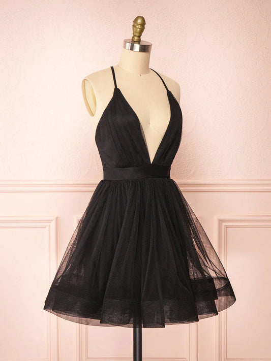 Simple v neck black short prom dress black homecoming dress ED0753