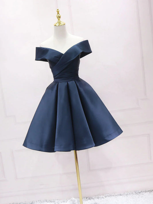 Simple blue off shoulder satin short prom dress blue bridesmaid dress ED0755