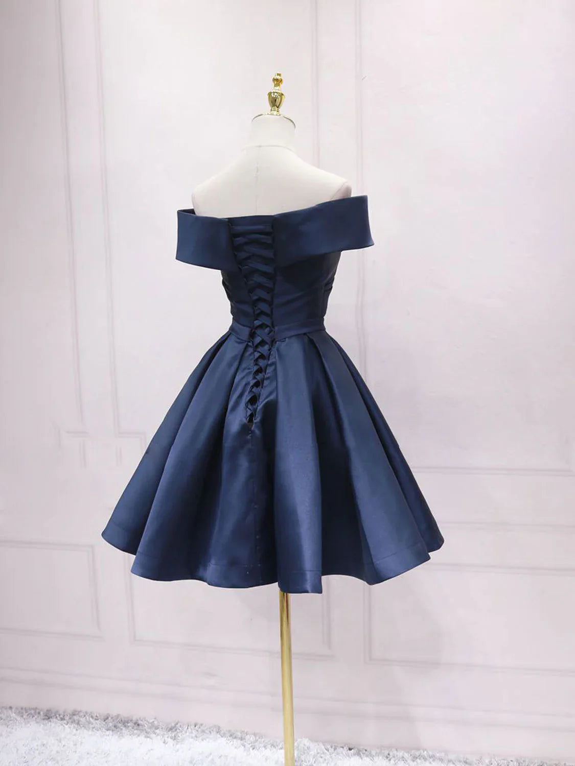 Simple blue off shoulder satin short prom dress blue bridesmaid dress ED0755