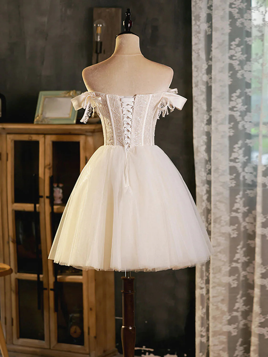 Ivory sweetheart neck tulle lace short prom dress tulle homecoming dress ED0756