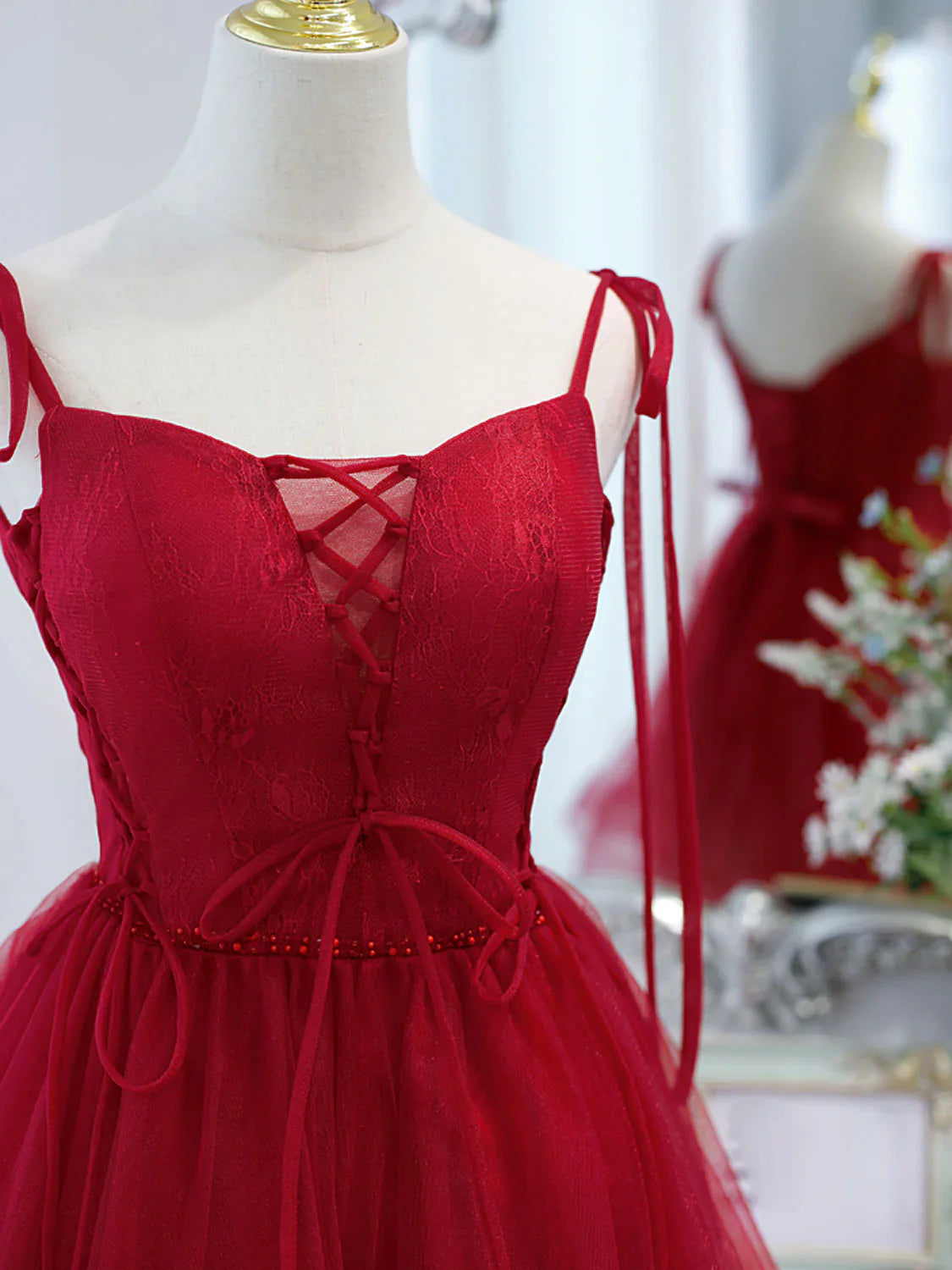 Burgundy tulle lace short prom dress,burgundy homecoming dress ED0758