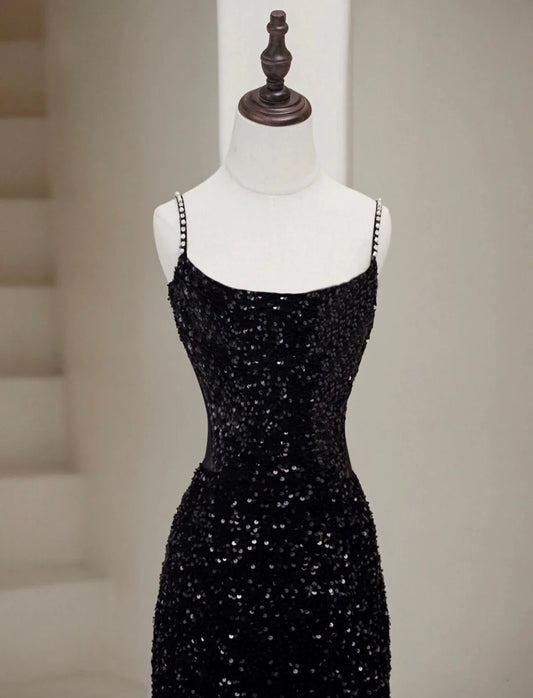 Simple Mermaid Velvet Sequin Black Long Prom Dress, Black Long Evening Dress ED076