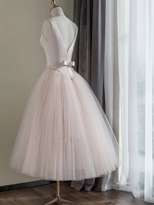 Simple round neck satin short prom dress, pink tulle bridesmaid dress ED0760