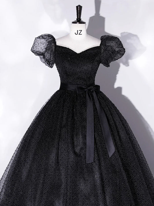 A-Line Tulle Long Prom Dresses, Black Formal Sweet 16 Dress HZ1024