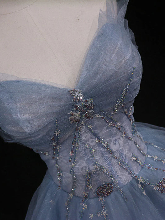 Blue A-Line Tulle Long Prom Dresses, Blue Tulle Formal Graduation Dresses ED0767