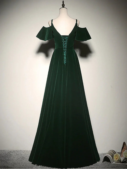 A-Line Velvet Long Prom Dresses, Green Formal Evening Dress HZ1024