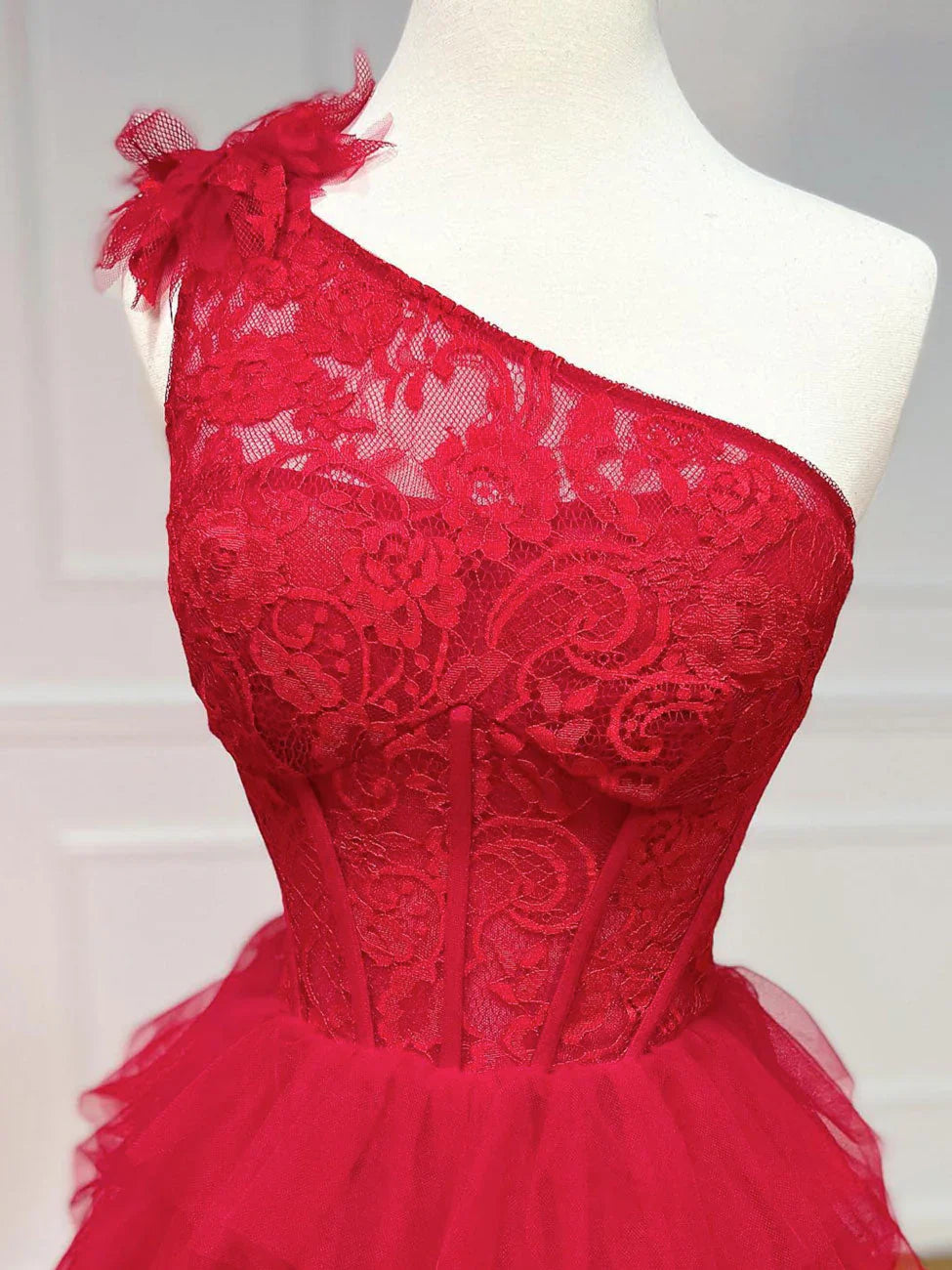 A-Line One Shoulder Lace Tulle Burgundy Long Prom Dresses, Burgundy Formal Dresses ED0769