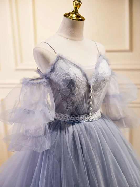 A-Line V Neck Tulle Lace Gray Blue Long Prom Dress, Formal Graduation Dress ED0775