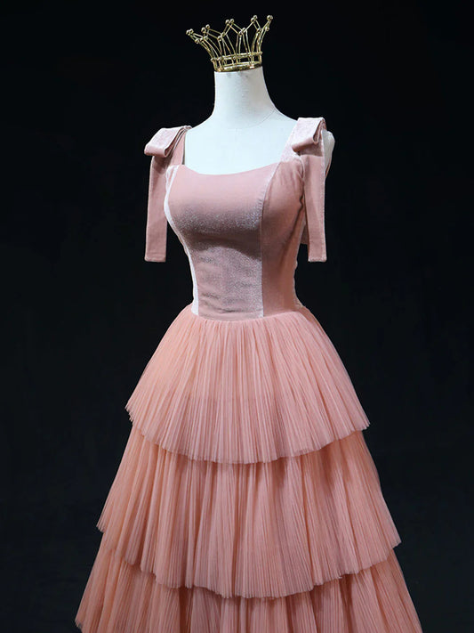 A Line Pink Tulle Long Prom Dresses, Pink Formal Graduation Dresses ED0778
