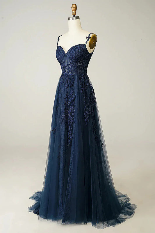 A-Line Elegant Sweetheart Neck Tulle Lace Dark Blue Long Prom Dress, Dark Blue Long Evening Dress ED080
