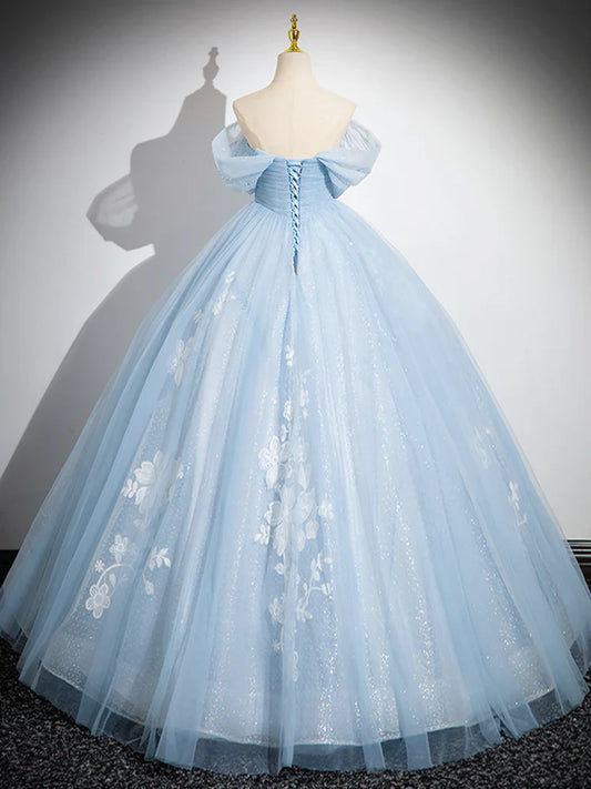 A-Line Off Shoulder Tulle Sequin Blue Long Prom Dress, Blue Sweet 16 Dress ED081