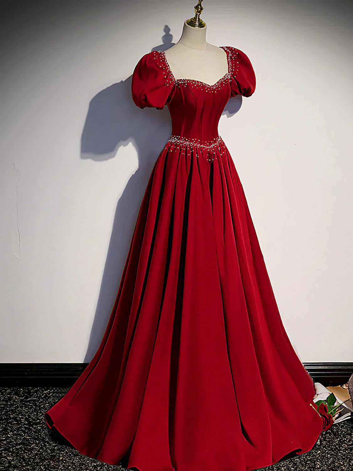 A line satin beads long prom dress burgundy evening dress HZ1024