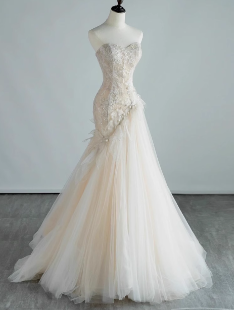 Mermaid Off-white Sweetheart Neckline Tulle lace dress, Off-white formal dress ED0833