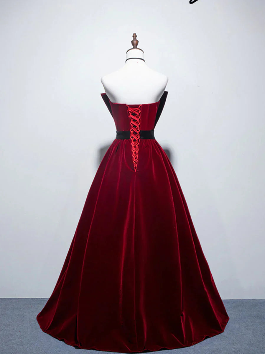 A line burgundy long prom dress, velvet bridesmaid dresses HZ1024